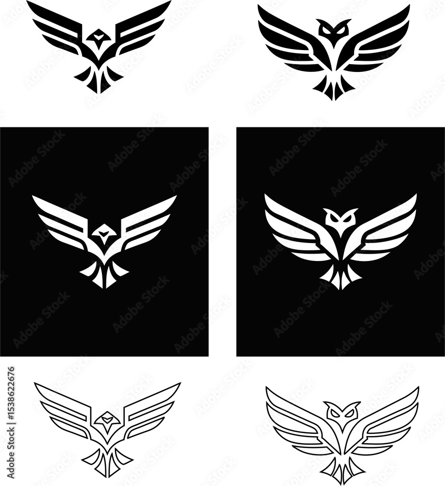 Fototapeta premium Eagle wings spread logo icon vector set in different styles for freedom and victory themes.
