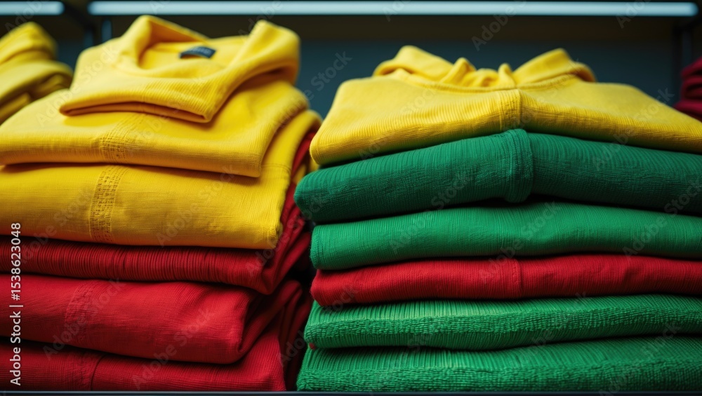 Close-up of folded yellow, red, and green clothes arranged together, ideal for a family theme; the red clothes are carefully organized, made from t-shirt fabric. Close-up of folded yellow, red, and green clothes arranged together, ideal for a family theme; the red clothes are carefully organized, made from t-shirt fabric.