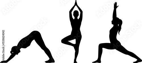 Yoga poses silhouettes vector illustration for fitness and wellness with tree pose and warrior pose art editable stock vector illustration