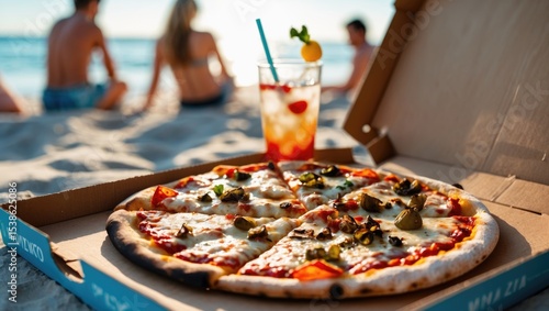 Fototapeta Naklejka Na Ścianę i Meble -  Fresh homemade Italian Pizza Margherita with parma ham and mozzarella cheese in paper box for takeout at beach club party in the evening, Koh Samui, Thailand, food delivery concept