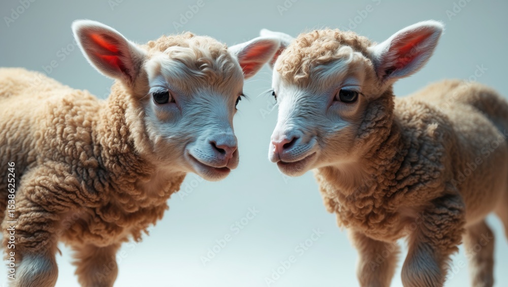 Obraz premium Two adorable lambs embracing on a white background