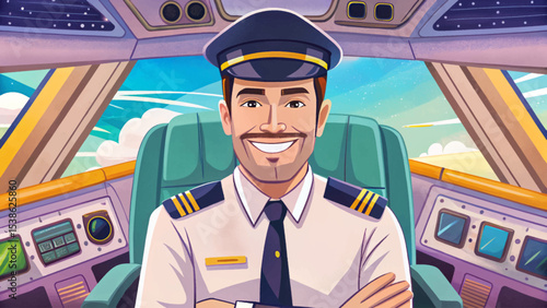 Confident airline pilot smiling in cockpit before takeoff, representing aviation professionalism, safety, trust, and readiness inside a modern aircraft flight deck