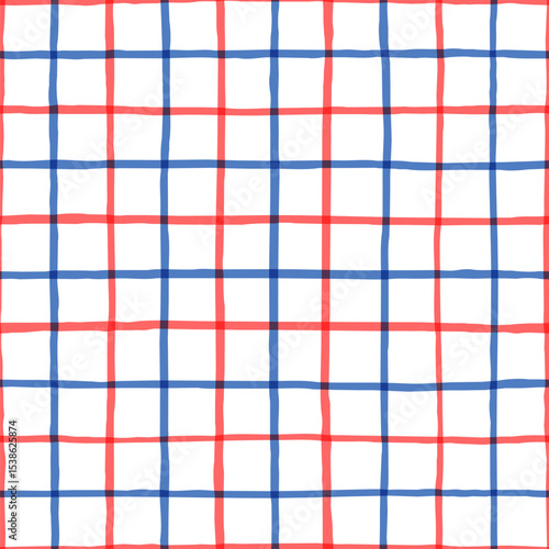 Red and blue painted doodle plaid seamless vector pattern with irregular wavy check background with rough crossed lines