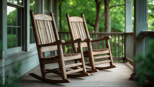 Front porch of house featuring brown rocking chairs and no one present, traditional American house.