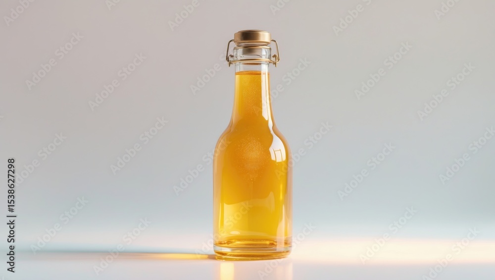 Full glass bottle of yellow lager beer with a gold cap isolated on a white background. Full glass bottle of yellow lager beer with a gold cap isolated on a white background.