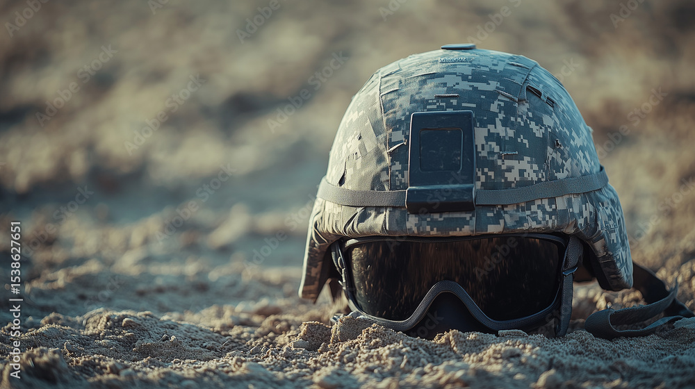 Fototapeta premium Military Helmet and Goggles Resting on Sandy Terrain During a Training Exercise