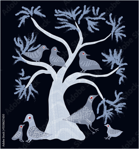 Birds on tree japanese print vector illustration. Doves primitive painting.