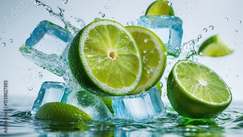 Fresh limes in water splash with ice cubes on the background.