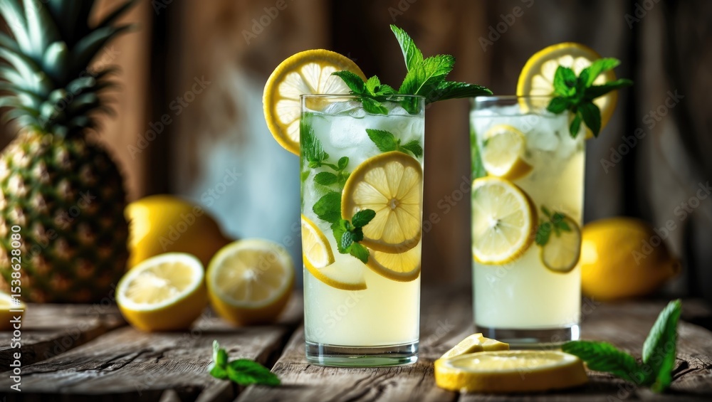 Fototapeta premium Fresh pineapple and lemon juice with fresh mint and basil leaf. Moody shallow depth of field, table top perspective.