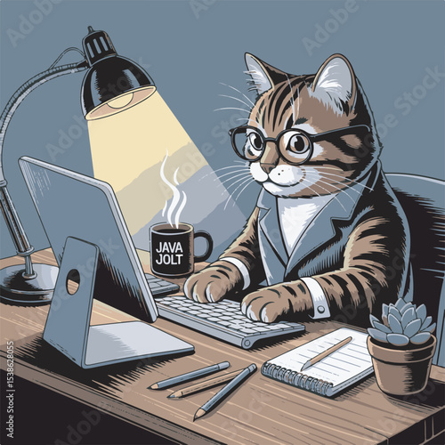 Tabby Cat Wearing Glasses Types on Keyboard at Desk with Lamp and Coffee Mug Logo Design Number 32