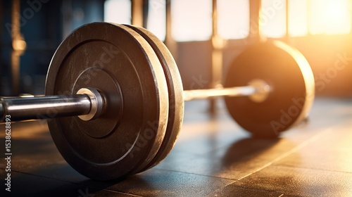Wallpaper Mural Close-up of a barbell resting on a gym floor, sunlit Torontodigital.ca