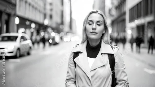Woman in white coat capturing urban street scene with camera on a bright sunny day outdoors