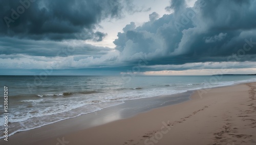Fototapeta Naklejka Na Ścianę i Meble -  A foggy day at the shoreline with overcast weather and soft sand