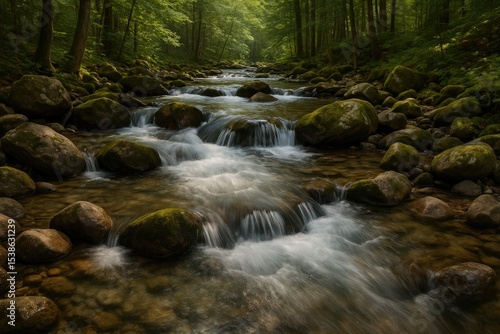 A tranquil woodland creek cascading over stones, showcasing nature's serenity