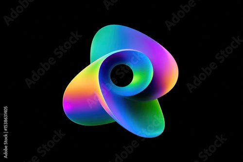 Abstract iridescent 3D shapes colorful swirling design elements on black background