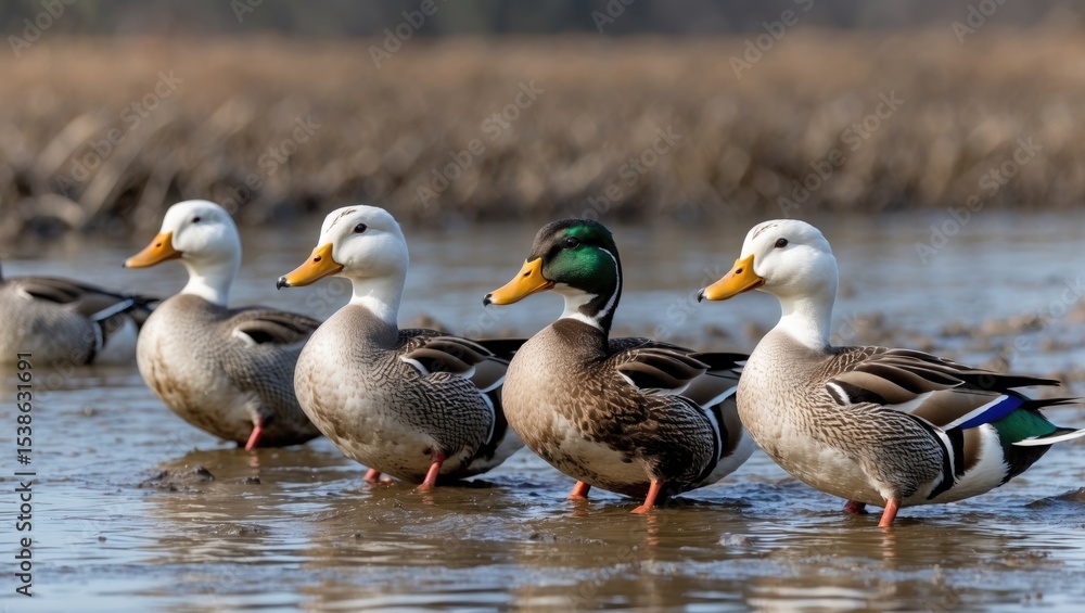 Fototapeta premium A group of ducks wading through muddy waters