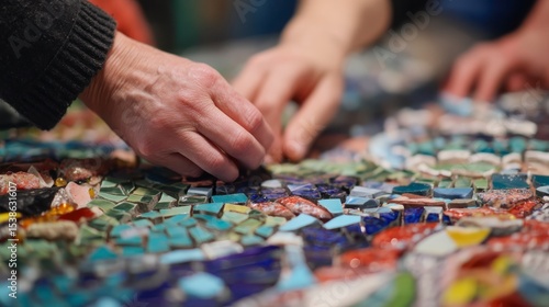 Hands of Artists Collaboratively Placing Colorful Glass Tiles on a Mosaic in a Workshop Setting