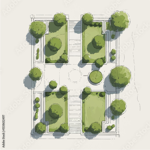 Architectural drawings in minimal style, including top-view elements of people in outdoor park scenes for landscape and site planning.