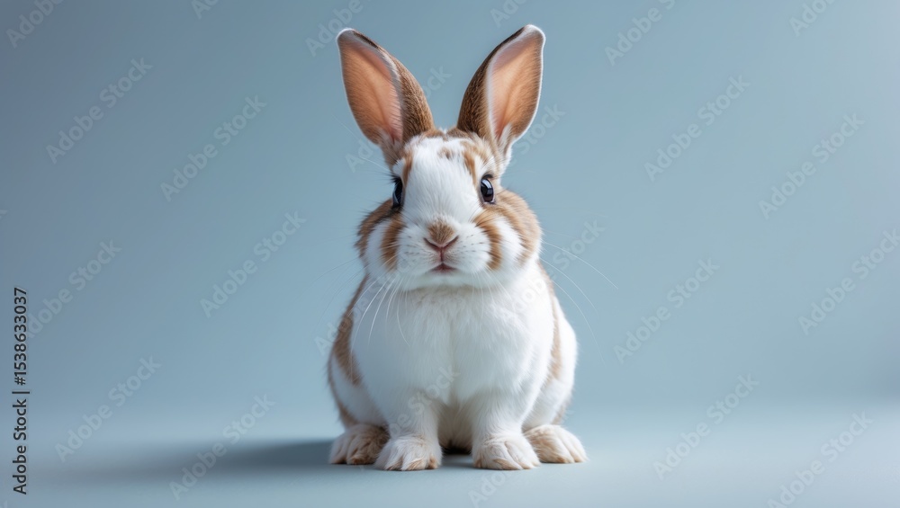 Cute adorable brown and white rabbit sitting on isolated blue background with charming features. Lovely baby bunny alone sit on blue background, perfect for Easter concept. Cute adorable brown and white rabbit sitting on isolated blue background with charming features. Lovely baby bunny alone sit on blue background, perfect for Easter concept.