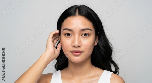 Portrait of a young woman with dark hair and acne skin