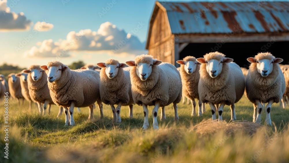 Obraz premium Adorable sheep herd close to barn