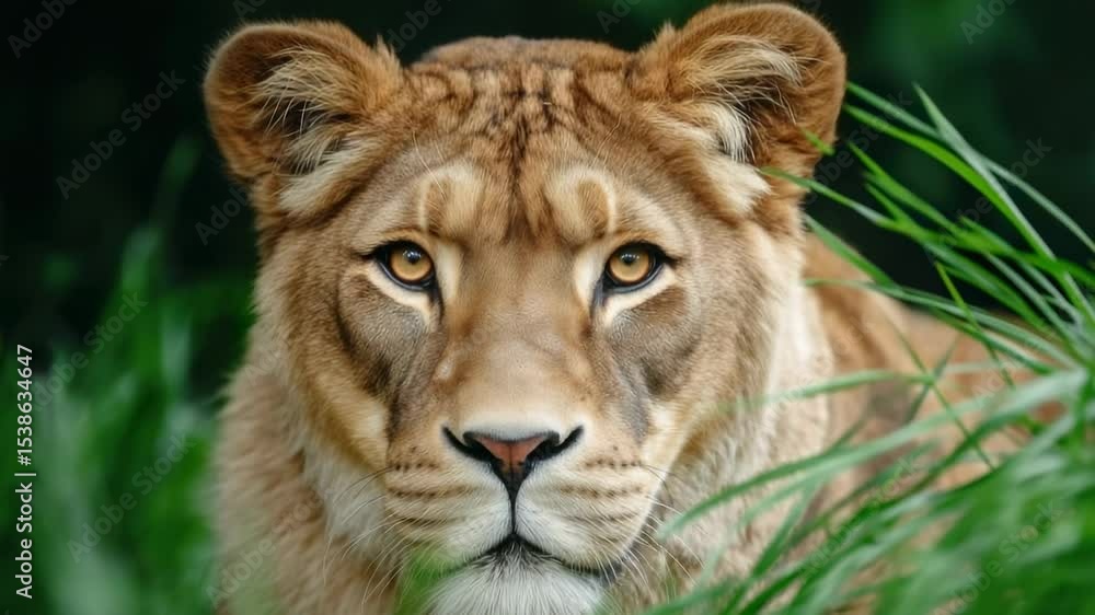 Lioness resting in tall grass, showcasing strength and grace in a serene natural habitat Lioness resting in tall grass, showcasing strength and grace in a serene natural habitat
