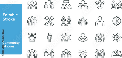 Twenty Four Editable Stroke Community Icons Black Line Art Group People Teamwork Collaboration Symbols