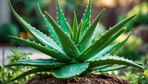 Detailed shot of a vibrant green aloe vera plant thriving in a backyard garden for herbal use