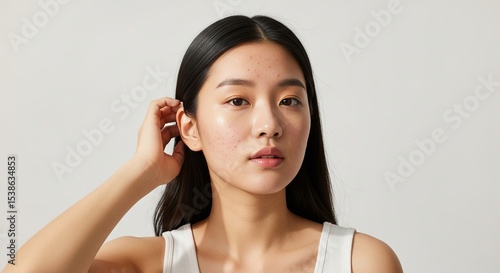Portrait of a young woman with dark hair and acne skin