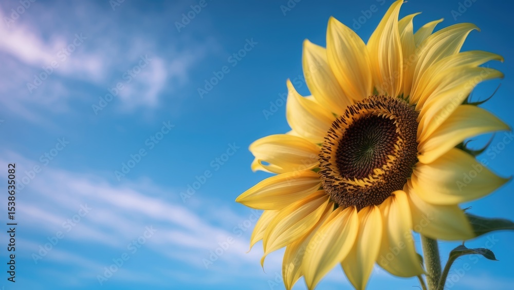 Obraz premium Detailed shot of a sunflower with a clear blue sky backdrop