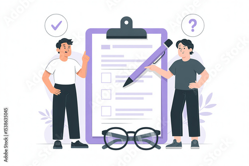 Two Men Discussing Checklist on Clipboard with Glasses and Pen Presenting Questions and Answers