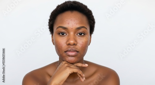 Portrait of a thoughtful woman with acne on a white background