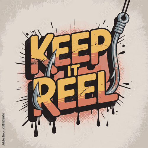 Yellow Orange and Black Keep It Reel Text Logo Design with Fishing Hooks and Splashes