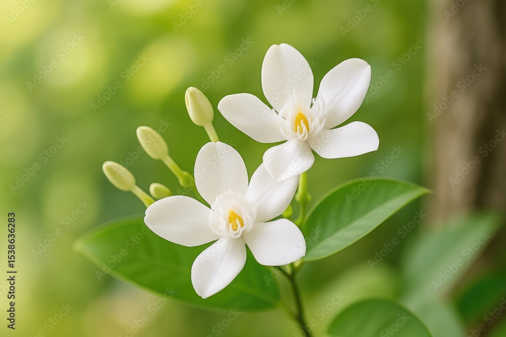 Detailed view of white blossoms and buds from a Wrightia plant Detailed view of white blossoms and buds from a Wrightia plant