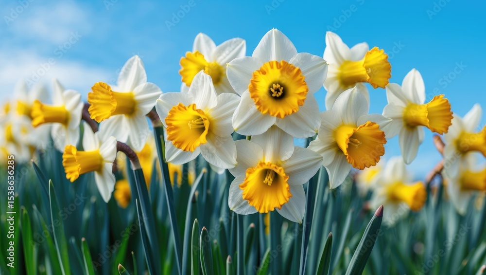 Detailed view of bright yellow narcissus flowers flourishing beneath a crisp blue sky Detailed view of bright yellow narcissus flowers flourishing beneath a crisp blue sky