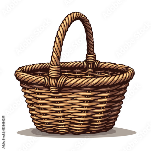 Detailed Vector Illustration of a Woven Wicker Basket with Handle on White Background