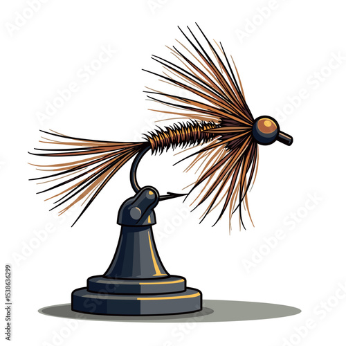 Detailed Illustration of a Brown and Black Fishing Fly on a Stand for Fly Fishing