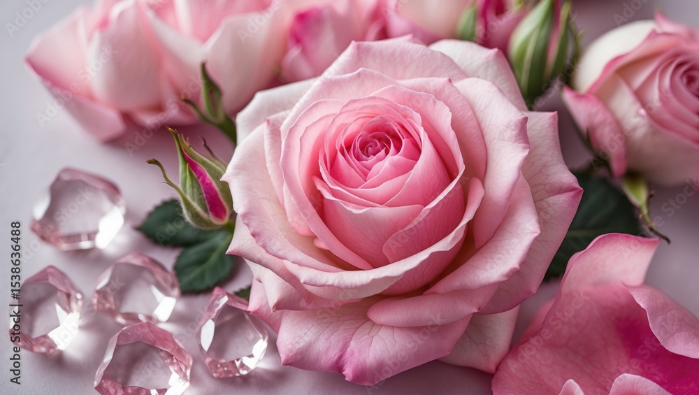 Obraz premium Detailed view of blush rose petals paired with sparkling crystals