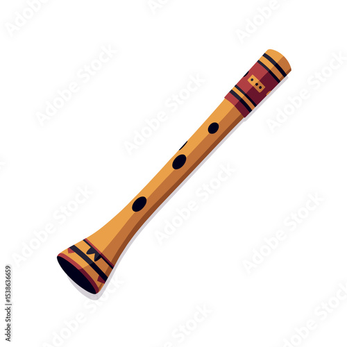 Illustration of a Wooden Flute Musical Instrument with Decorative Bands and Finger Holes, Isolated on White