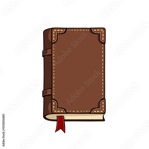 Illustration of a Brown Leather Bound Book with Red Bookmark and Decorative Corners, Isolated on White