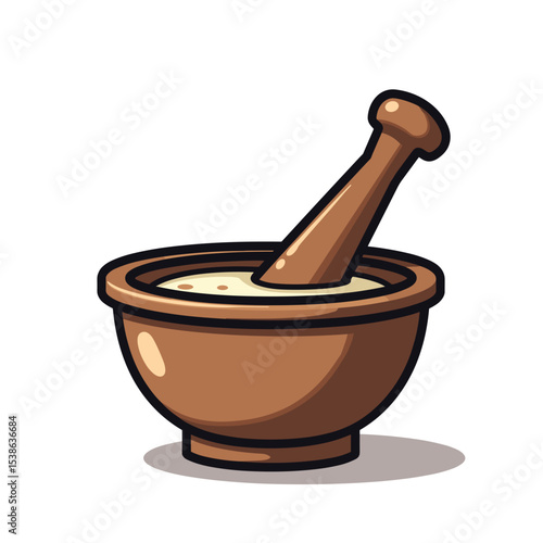 Cartoon Illustration of a Wooden Mortar and Pestle with Creamy Substance Inside for Culinary or Medicinal Use