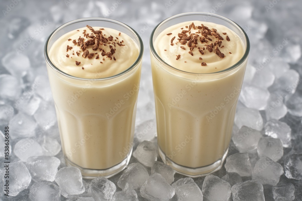 Close-up from above of two chilled, creamy layered desserts in tall glasses topped with chocolate and resting on ice Close-up from above of two chilled, creamy layered desserts in tall glasses topped with chocolate and resting on ice