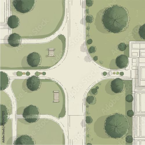 Architectural drawings in minimal style, including top-view elements of people in outdoor park scenes for landscape and site planning.