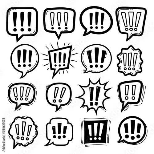 Collection of hand drawn exclamation mark speech bubbles in various shapes and styles isolated vector