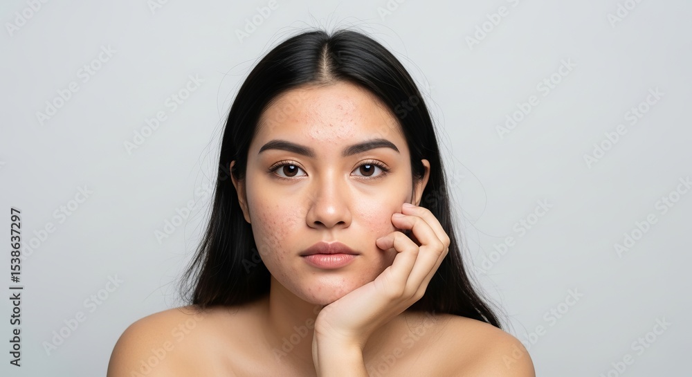 Portrait of a young woman with hand on face and acne skin Portrait of a young woman with hand on face and acne skin