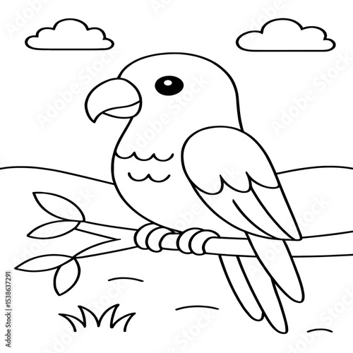 A simple black-and-white outline of a parrot perched on a branch, designed for easy coloring.