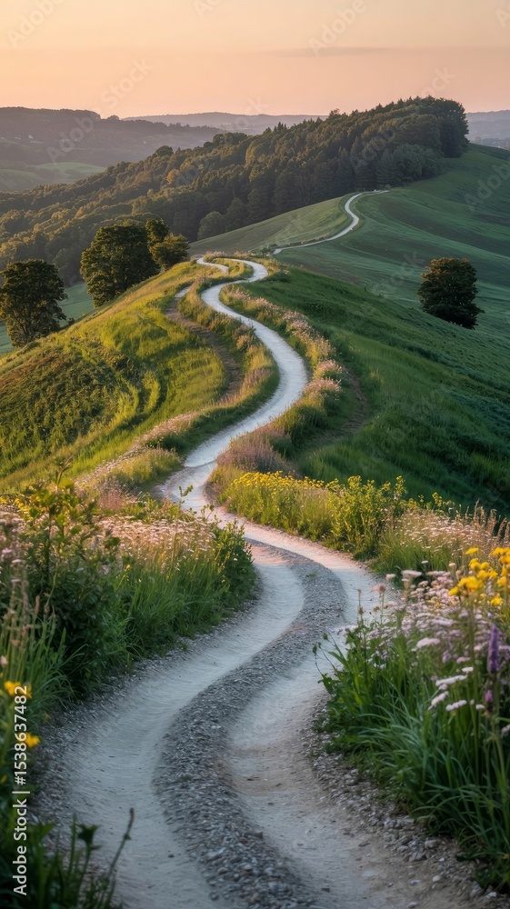 Fototapeta premium Road in the mountains, Winding Gravel Path Through Green Field, winding road in the countryside