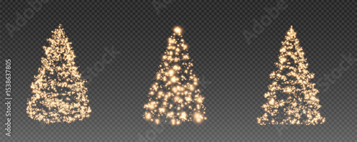 Christmas tree, sparkling lights in the shape of a fir tree on a transparent background. New Year tree made of glowing lights, gold, white, blue, green, vector, png.