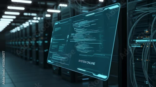 Wallpaper Mural Data Center Innovation:  An evocative shot of a futuristic digital interface floats amid rows of servers in a state-of-the-art data center. The screen displays vital information. Torontodigital.ca