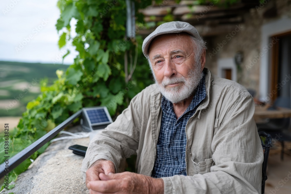 Fototapeta premium A thoughtful elderly man wearing a cap sits contemplatively near green vines, embodying wisdom and the beauty of aging while connecting with nature in a peaceful setting.